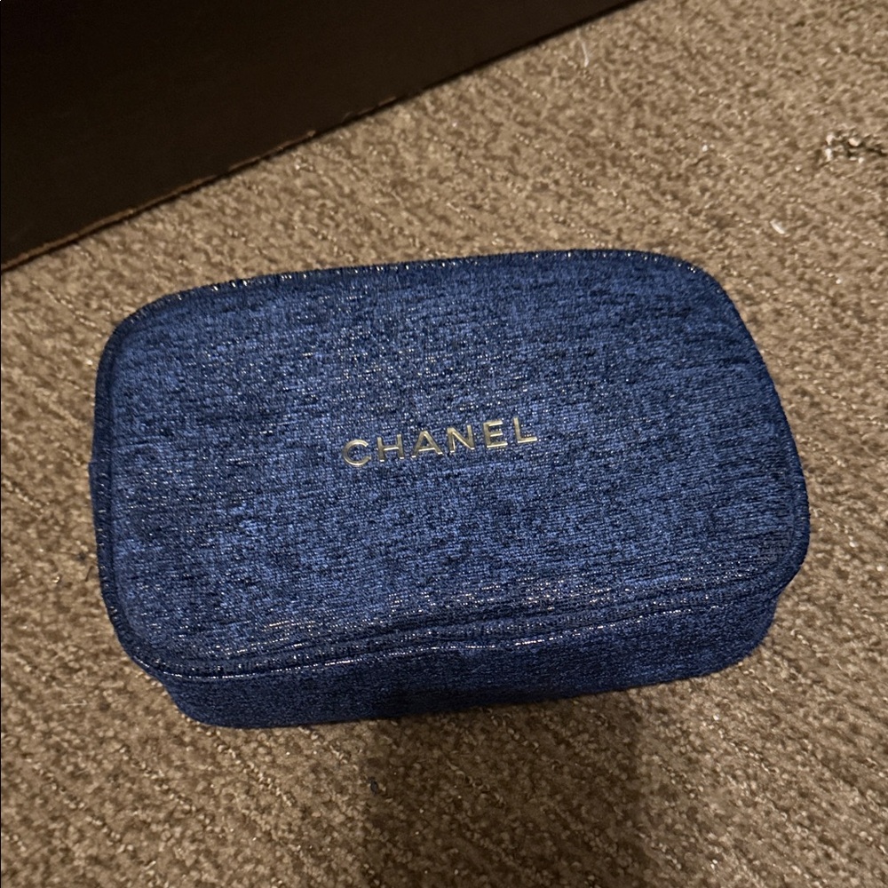 CHANEL Navy Blue Fabric Travel Pouch with Gold Logo